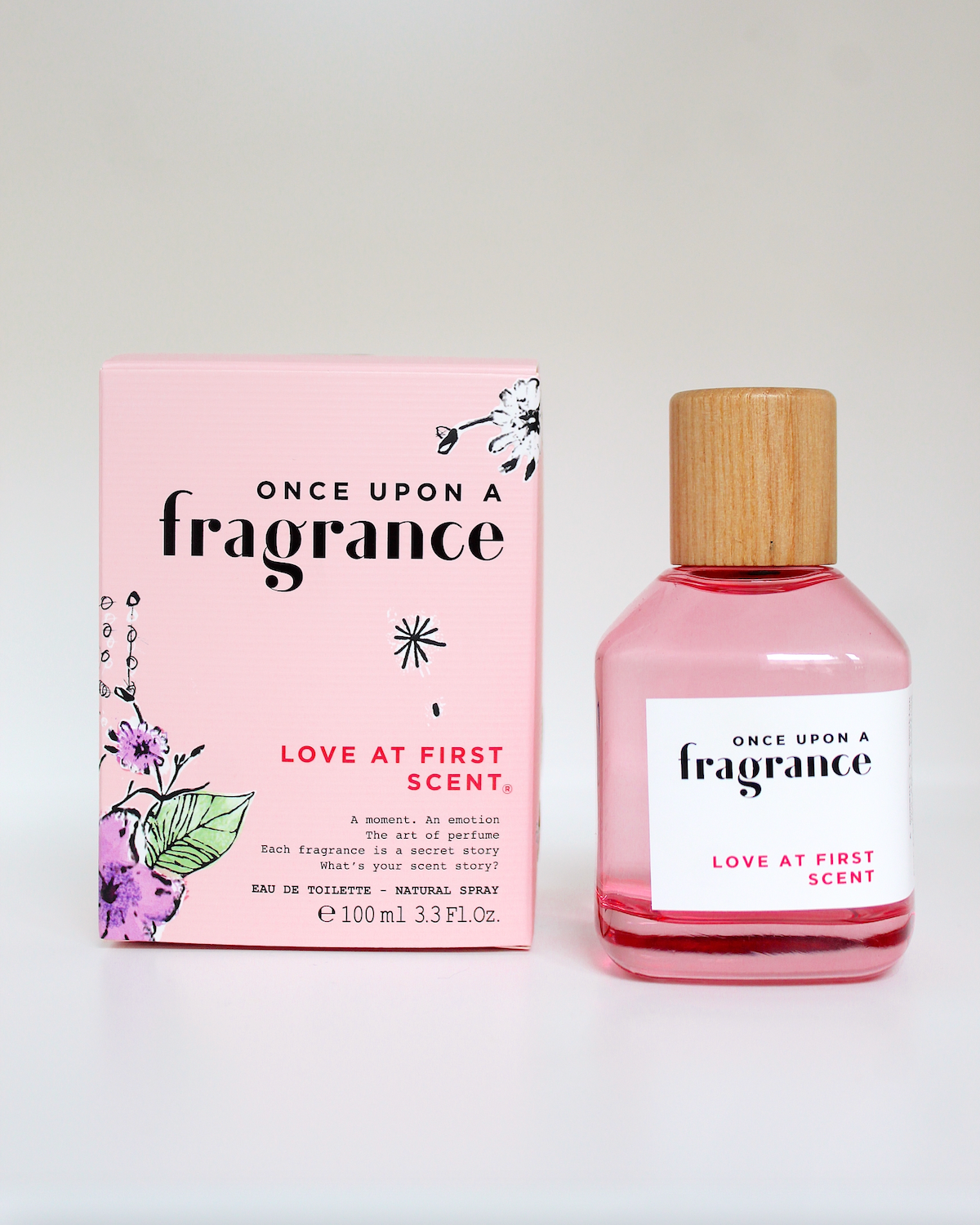 Pack shot of LOVE AT FIRST SCENT by Once Upon a Fragrance, showcasing a premium, long-lasting French perfume with fruity and floral notes
